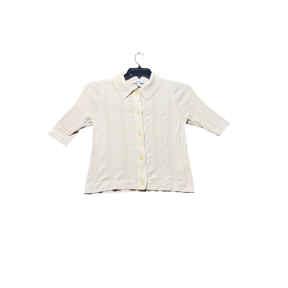 COS Ribbed Knit Cardigan‎ Women XS Cream Excellent Short Sleeve Polo Collar